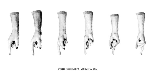 Fingers pointing down, hand gestures with pointers, set isolated on white background. Halftone dotted retro style vector