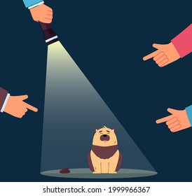 Fingers pointing at guilty dog flat vector illustration. Beam of flashlight aimed at pet making a mess on floor. Bad behavior, domestic animal concept for banner, website design or landing web page