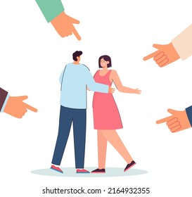 Fingers pointing at happy cartoon couple dancing. People judging relationship of man and woman flat vector illustration. Love, romance, society concept for banner, website design or landing web page