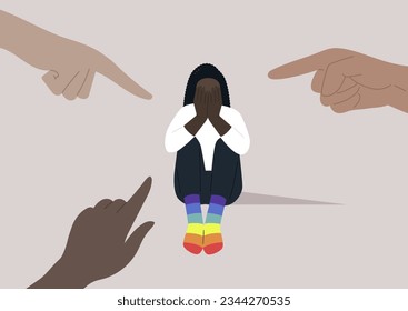 Fingers pointing at an LGBTQ individual, highlighting the issue of homophobia within a society that is unkind and intolerant