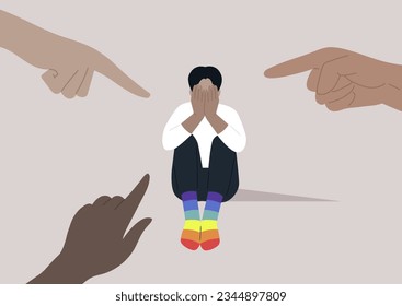 Fingers pointing at an LGBTQ individual, highlighting the issue of homophobia within a society that is unkind and intolerant