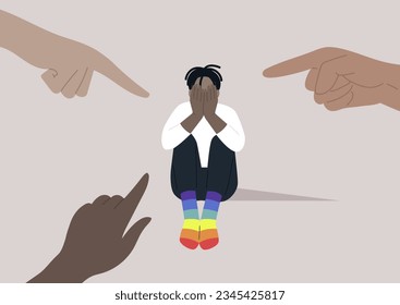 Fingers pointing at an LGBTQ individual, highlighting the issue of homophobia within a society that is unkind and intolerant