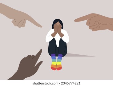 Fingers pointing at an LGBTQ individual, highlighting the issue of homophobia within a society that is unkind and intolerant