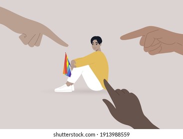 Fingers pointing at an lgbtq person, homophobia problem, cruel intolerant society