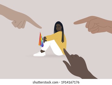 Fingers pointing at an LGBTQ person, homophobia problem, cruel intolerant society