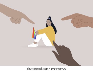 Fingers pointing at an lgbtq person, homophobia problem, cruel intolerant society