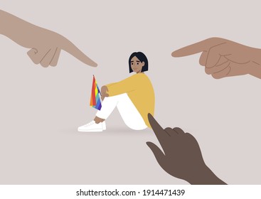 Fingers pointing at an lgbtq person, homophobia problem, cruel intolerant society