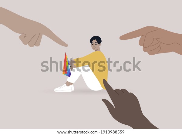 Fingers pointing at an lgbtq person, homophobia\
problem, cruel intolerant\
society