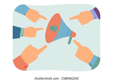 Dedos apuntando hacia la ilustración vectorial plana del altavoz. Gente atrayendo la atención. Anuncio, comunicación, discurso, concepto de mensaje para banner, diseño de sitio web o página web de aterrizaje