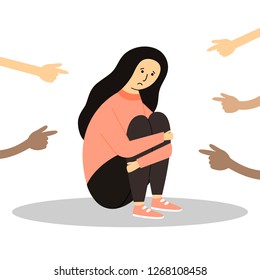 Fingers pointing on the sad young girl. Сonviction of the crowd.  Cyber Bullying. 