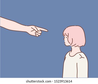 Fingers pointing on the sad young girl. Hand drawn style vector design illustrations.