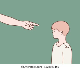 Fingers pointing on the sad young boy. Hand drawn style vector design illustrations.