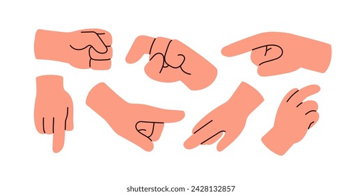 Fingers pointing, pushing, showing, pressing. Hand gestures set. Forefinger indicating, touching, clicking, guiding, directing. Flat graphic vector illustrations isolated on white background