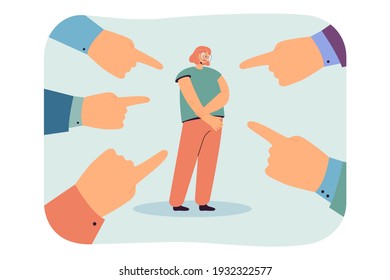 Fingers pointing at sad depressed girl. People accusing young woman. Cartoon vector illustration for victim blaming, conviction, denunciation, guilt or shame concept