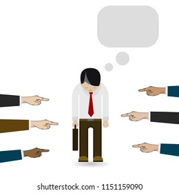 fingers pointing at sad employee, thinking cloud