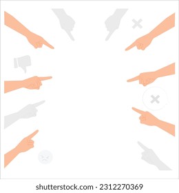 Fingers Pointing Vector Mock up Cartoon Illustration Viele Menschen weisen auf die Mitte scolding und Scham öffentlich. Viele Hände, die mit ihren Zeigefingern in Verdacht stehen