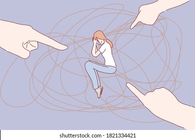 Fingers pointing at woman. Bullying, hate, sad, mental disorder, confusion, depression, dispraise, blame concept. Hand drawn flat character style.