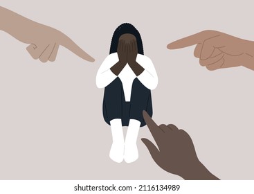 Fingers pointing at a young female African character covering their face with hands, a desperate situation, racism, stress and anxiety, victim-blaming, misogyny, and sexism