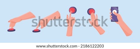 Fingers pressing button. Collection of graphic elements for website, set of stickers for social networks. Turn on and off, gadgets. Cartoon flat vector illustrations isolated on blue background