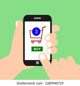 Fingers are pressing the button to order products online on mobile phones.