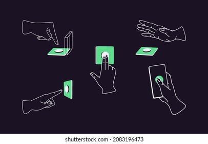 Fingers pressing push and screen buttons. Set of human hands touching, hitting and tapping for switching off, stopping or activating and launching smth. Isolated colored flat vector illustrations