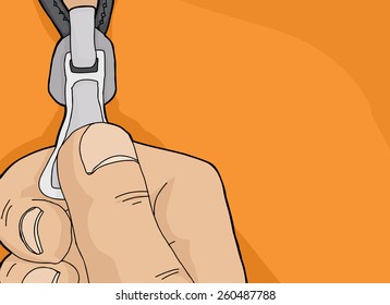 Fingers pulling on zipper on orange sweater