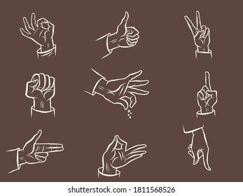 con los dedos un conjunto de gestos de mano. Dibujo de ilustraciones retro de arte pop de caricatura de historietas
