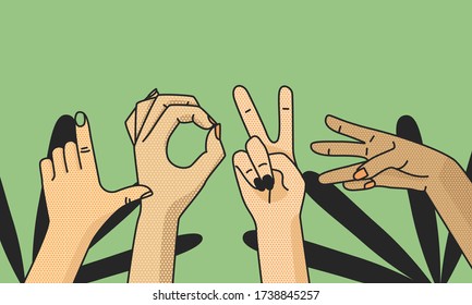 Fingers show the inscription love. Hands gestures of human. Love and peace. Vector Illustration for prints, postcards.