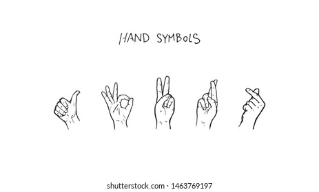 Fingers showing different symbols vector illustration set, with letters text tittle. Hand symbols simple outline icon drawing. Human fist signals cartoon hand drawn sketch digital art.