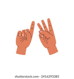 Fingers sign four 4 number on two hands. Communication gesture, count infographic 3 plus 1. Hands gesture number. Human palms and fingers show numbers vector cartoon illustration
