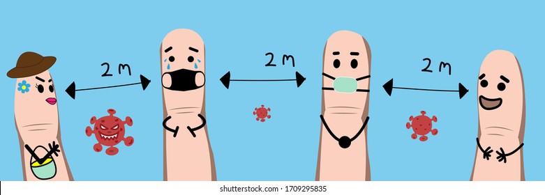 Fingers Social Distancing banner. Keeping distance to protect from COVID-19 corona virus diseases. Idea for COVID-19 outbreak and prevention