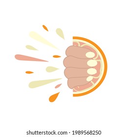 Fingers squeeze juice from an orange color illustration on a white isolated background. Idea for cocktails, smoothies, bars, restaurants