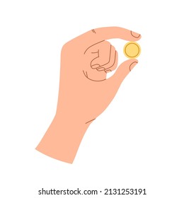 Fingers squeezing gold coin. Hand holding money, penny. Financial bonus, cashback, benefit and support concept. Philanthropist with dollar cent. Flat vector illustration isolated on white background