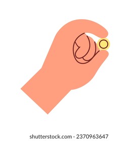 Fingers squeezing gold dollar coin. Hand holding cash money, change. Human with cent, penny icon. Financial bonuses, charity concept. Flat vector illustration isolated on white background.