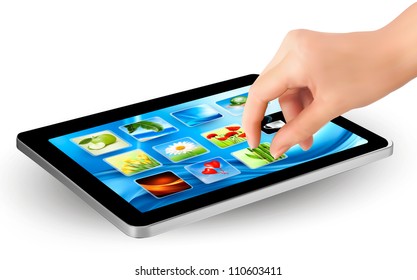 Dedos tocando la pantalla del touchpad con iconos. Vector.