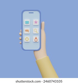 Los dedos que tocan, tocan, desplazan el concepto de las pantallas del smartphone. Estilo de dibujos animados de objeto 3D realista.