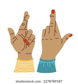 Сrossing fingers wishing for good luck. Fingers crossed hand gesture. Lucky sign. Promise signal with two fingers. Flat cartoon Vector illustration