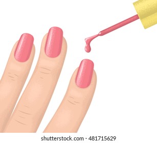 Fingers of woman hand  with varnished nails. Brush with drop of varnish