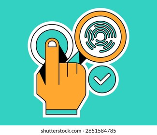 Fingerscan Flat design style, hand pointing to fingerprint sensor and checkmark, symbolizing biometric access, ideal for security or authentication UI.