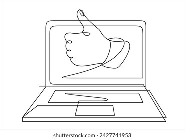 finger-up an image from a laptop. Computer remote work conference meeting freelance hand pointing finger up.continuous line drawing