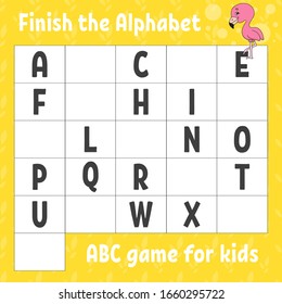 Finish the alphabet. ABC game for kids. Education developing worksheet. Pink flamingo. Learning game for kids. Color activity page.