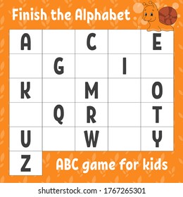 Finish the alphabet. ABC game for kids. Education developing worksheet. Learning game for kids. Color activity page.