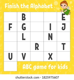 Finish the alphabet. ABC game for kids. Education developing worksheet. Learning game for kids. Color activity page.