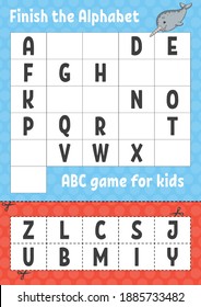 Finish the alphabet. ABC game for kids. Cut and glue. Education developing worksheet. Learning game for kids. Color activity page.