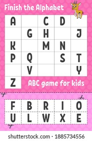 Finish the alphabet. ABC game for kids. Cut and glue. Education developing worksheet. Learning game for kids. Color activity page.
