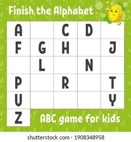 Finish the alphabet. ABC game for kids. Education developing worksheet. Learning game for kids. Color activity page.