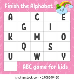 Finish the alphabet. ABC game for kids. Education developing worksheet. Learning game for kids. Color activity page.