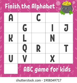 Finish the alphabet. ABC game for kids. Education developing worksheet. Learning game for kids. Color activity page.