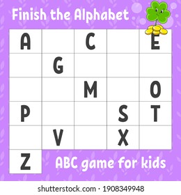 Finish the alphabet. ABC game for kids. Education developing worksheet. Learning game for kids. Color activity page.