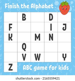 Finish the alphabet. ABC game for kids. Education developing worksheet. Learning game for kids. Color activity page.